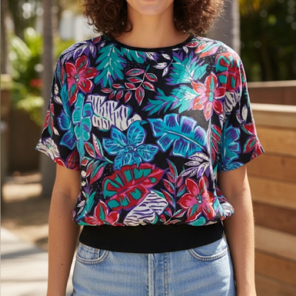 VINTAGE 80s Tropical Floral Silky Top